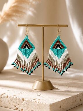 Turquoise Gold Beaded Fringe Earrings Boho Western Cowgirl Tribal Handmade